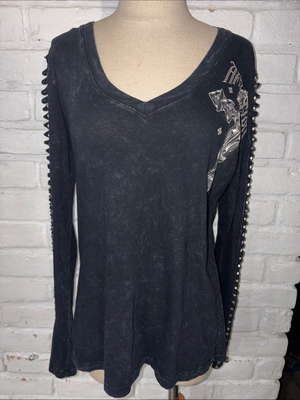 Affliction Black Rhinestones-Trim V-Neck Long Sleeve Top